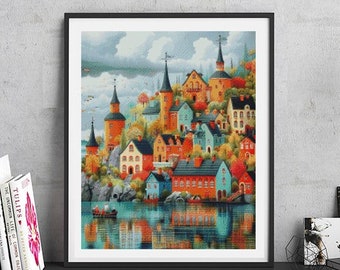 JMP0551_river town, cross stitch pattern PDF, full coverage Hand embroidery pattern, Counted Cross Stitch, Instant PDF Download