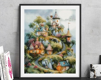 JMP0548_fairy tale village, cross stitch pattern PDF, full coverage Hand embroidery pattern, Counted Cross Stitch, Instant PDF Download