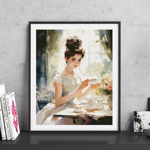 May include: A framed watercolor painting of a woman in a white dress sitting at a table with a cup of tea. The painting is set in a room with a window and sunlight streaming in.