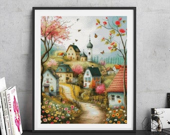 JMP0557_Spring Village, cross stitch pattern PDF, full coverage Hand embroidery pattern, Counted Cross Stitch, Instant PDF Download