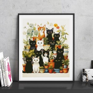 May include: A colorful illustration of a group of black and white cats sitting in potted plants. The cats are arranged in a pyramid shape, with the largest cat at the top and the smallest cats at the bottom. The cats are all looking at the viewer.