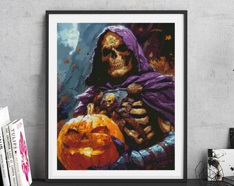 JMP0587_skeleton halloween, cross stitch pattern PDF, full coverage Hand embroidery pattern, Counted Cross Stitch, Instant PDF Download