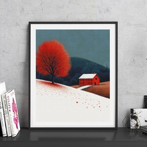 Könnte beinhalten: Ein gerahmter Druck einer Winterlandschaft mit einem roten Haus, einem roten Baum und einem schneebedeckten Feld. Der Druck hängt an einer Wand über einem Regal mit Büchern und einer Vase.