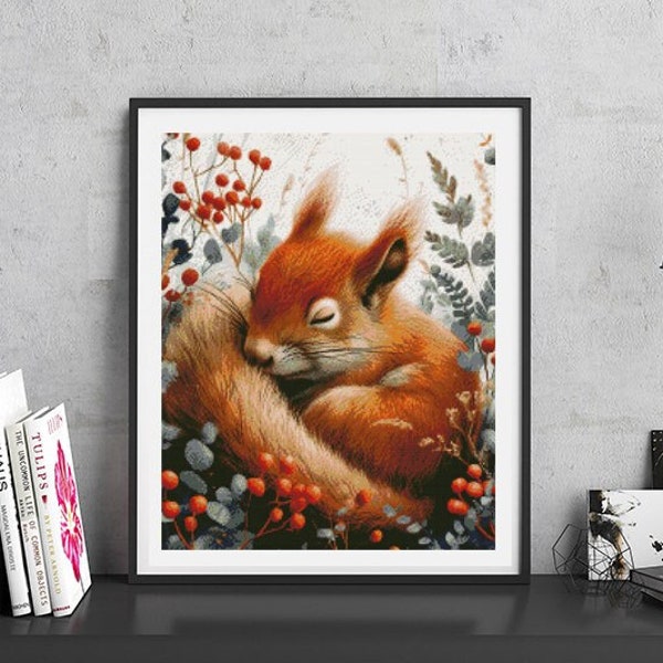 JMP0441_sleeping squirrel, cross stitch pattern PDF, full coverage Hand embroidery pattern, Counted Cross Stitch, Instant PDF Download