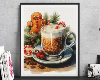 May include: A watercolor painting of a gingerbread man, a candy cane, and a glass of hot chocolate with whipped cream. The glass is on a saucer with a red berry and a few brown leaves.