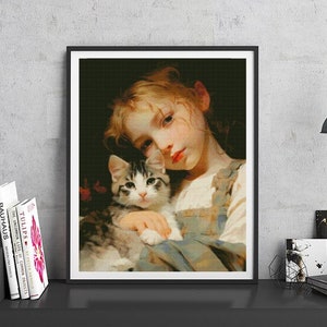 JMP0146_girl and cat, full coverage cross stitch pattern PDF, Cross Stitch chart, Counted Cross Stitch pattern, Instant PDF Download