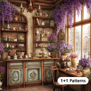 Pode incluir: Um aparador de madeira com portas azul-claras e detalhes florais, cheio de louças de cerâmica e cercado por abundantes flores de glicínia roxas. Uma placa branca no canto exibe o texto 1+1 Patterns.