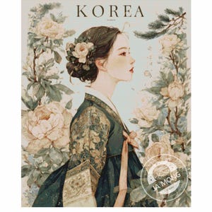 May include: Cross-stitch chart titled "korea" featuring a woman in traditional Korean attire, surrounded by floral elements. The design includes the text "KOREA" and the chart number JMP1145. The chart is full coverage with 300 x 370 stitches.
