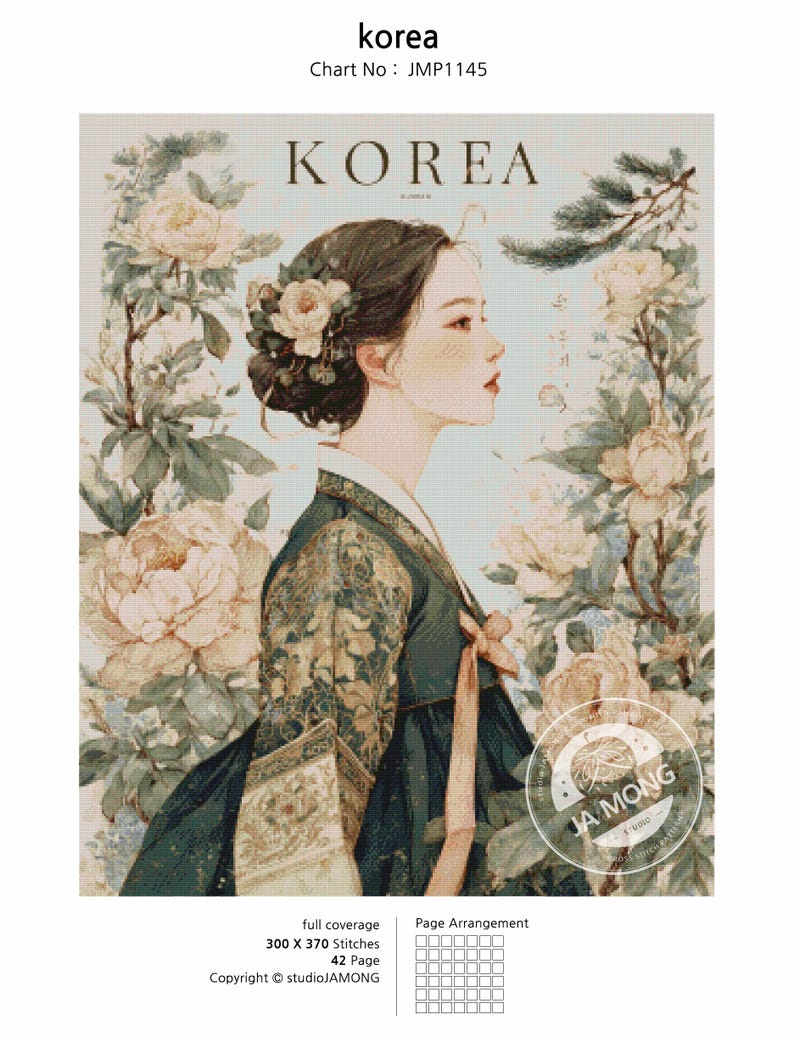 May include: Cross-stitch chart titled "korea" featuring a woman in traditional Korean attire, surrounded by floral elements. The design includes the text "KOREA" and the chart number JMP1145. The chart is full coverage with 300 x 370 stitches.