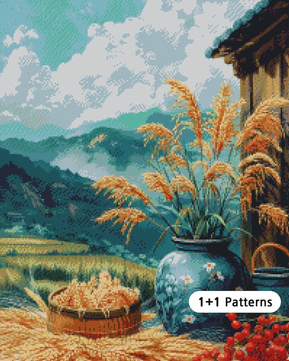 田んぼページ JMP0607_田んぼ、クロスステッチパターンPDF、フルカバレッジ手