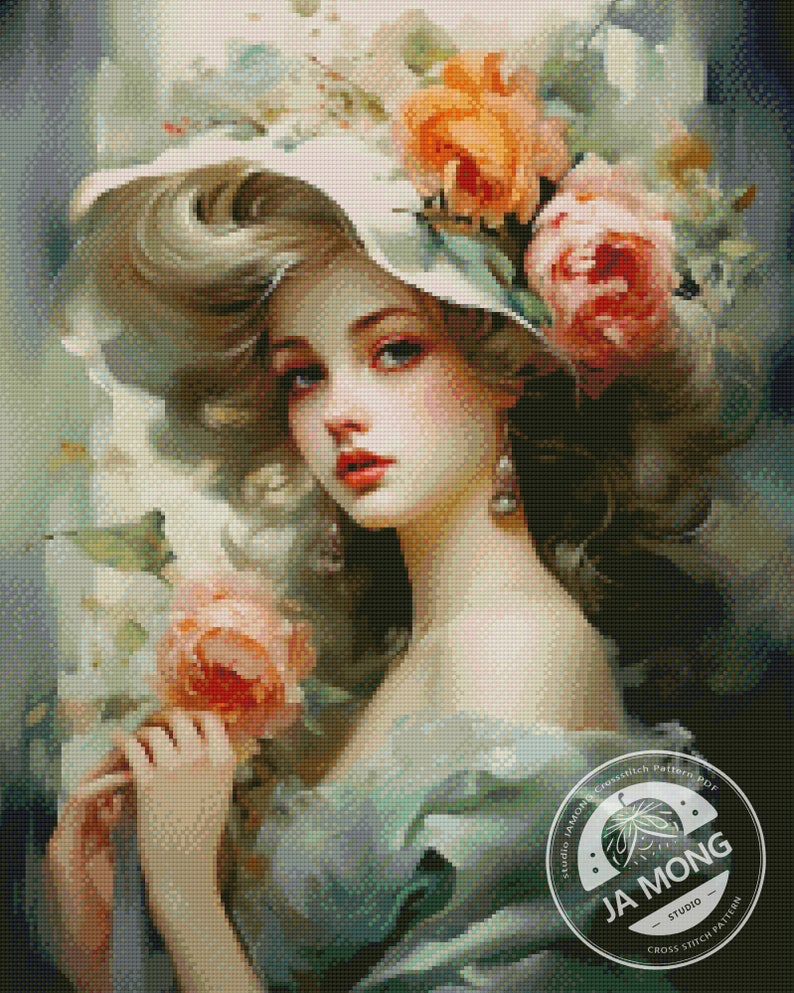 Jmp0209_lady With Roses, Full Coverage Cross Stitch Pattern PDF, Cross