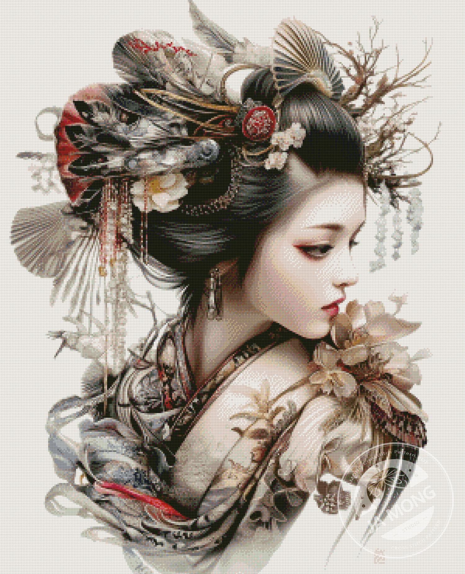 JMP0910 Geisha PDF Cross Stitch Pattern Full Coverage Instant
