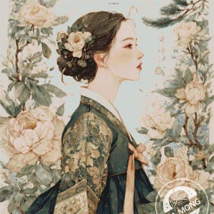 May include: Cross-stitch pattern featuring a woman in traditional Korean attire, surrounded by floral elements. The image has the word "KOREA" at the top. The woman is wearing a dark green dress with gold accents and a floral hairpiece. The background is a soft, pastel color.