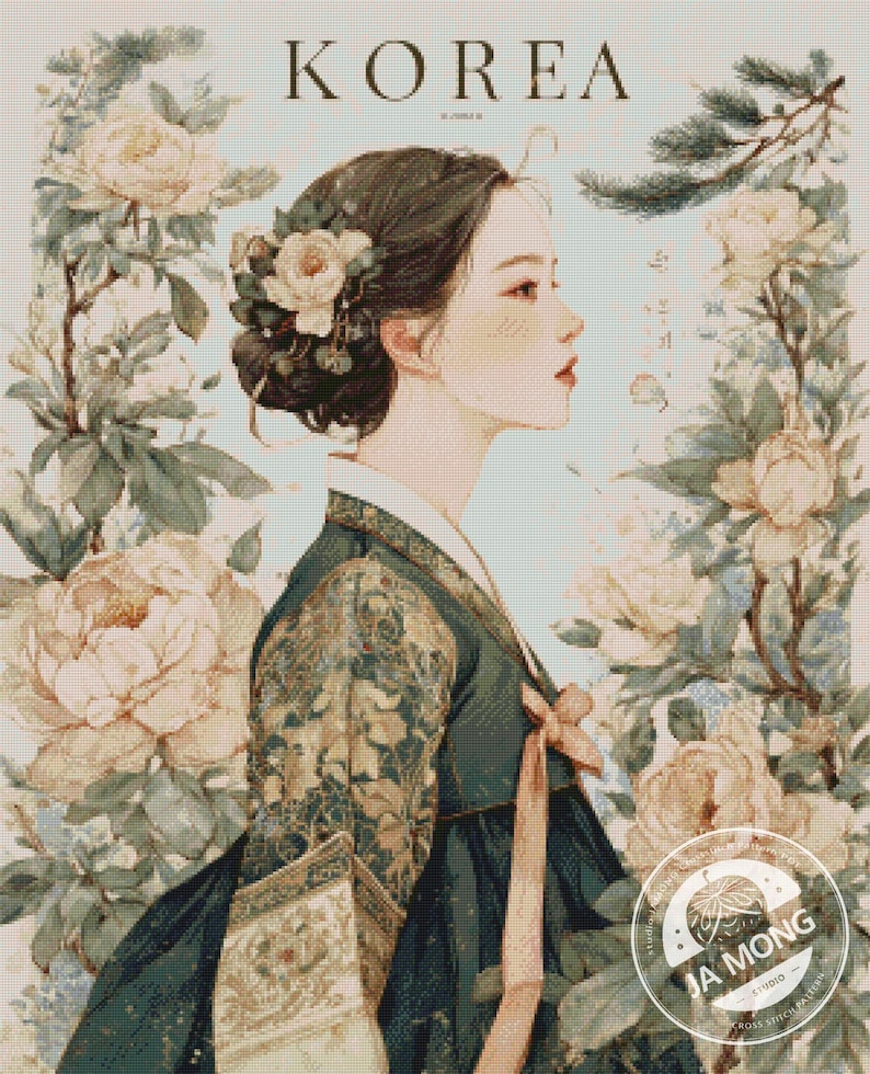 May include: Cross-stitch pattern featuring a woman in traditional Korean attire, surrounded by floral elements. The image has the word "KOREA" at the top. The woman is wearing a dark green dress with gold accents and a floral hairpiece. The background is a soft, pastel color.