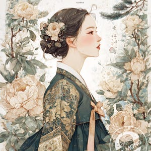 May include: An illustration of a woman in profile wearing a traditional Korean hanbok. The dark teal dress has gold floral accents and a peach-colored ribbon. The background features large cream-colored peonies and the word "KOREA" at the top.
