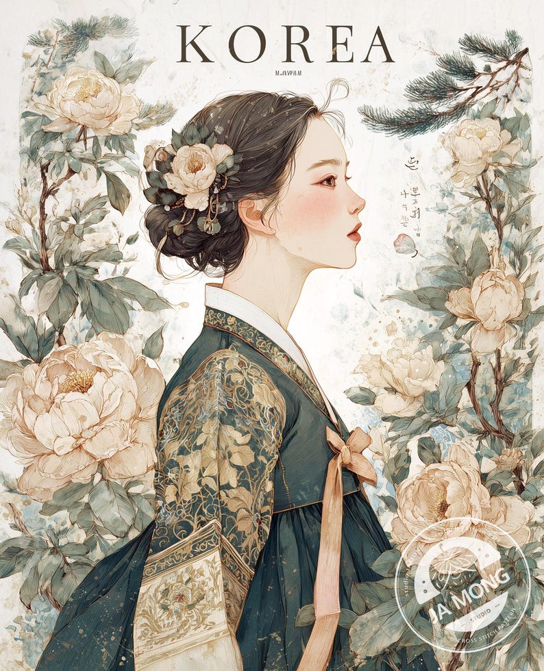 May include: An illustration of a woman in profile wearing a traditional Korean hanbok. The dark teal dress has gold floral accents and a peach-colored ribbon. The background features large cream-colored peonies and the word "KOREA" at the top.
