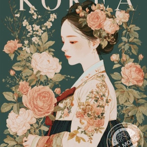 May include: A cross-stitch pattern featuring a woman in traditional Korean attire, surrounded by peach-colored roses and greenery. The word "KOREA" is at the top. The design has a vintage aesthetic.