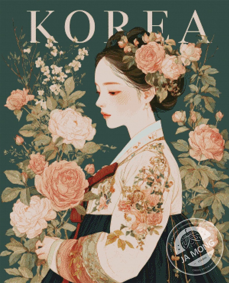 May include: A cross-stitch pattern featuring a woman in traditional Korean attire, surrounded by peach-colored roses and greenery. The word "KOREA" is at the top. The design has a vintage aesthetic.