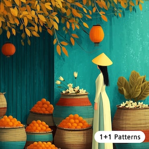 Peut inclure: Illustration d'une femme en tenue vietnamienne traditionnelle, près de paniers remplis d'oranges. La scène se déroule devant un mur turquoise avec des lanternes oranges suspendues et un fond de feuillage doré. Le texte "1+1 Patterns" est visible.