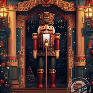 May include: A wooden nutcracker figurine with a red and gold uniform, a crown, and a mustache. The nutcracker is standing in a doorway with a gold frame and a Christmas tree on the left.