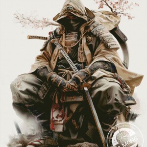 May include: An illustration of a samurai warrior in traditional attire, seated with a katana. The warrior is wearing armour and a hooded cloak, with cherry blossom branches in the background. The image has a soft, artistic style.