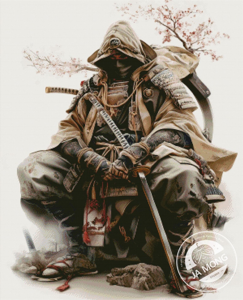 May include: An illustration of a samurai warrior in traditional attire, seated with a katana. The warrior is wearing armour and a hooded cloak, with cherry blossom branches in the background. The image has a soft, artistic style.