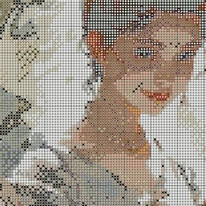 May include: A close-up of a woman's face, with her hair pulled back and a hint of a smile. Her eyes are blue and her lips are red. The background is a soft, white, and gray pattern.