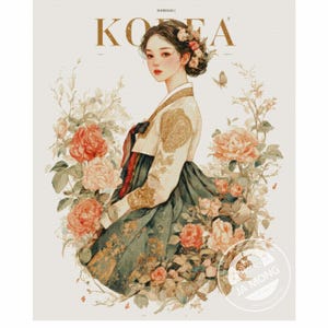 May include: Illustration of a woman in traditional Korean attire, surrounded by flowers. The image features the word "KOREA" in gold lettering. The chart number is JMP1143. The image is a cross-stitch pattern with full coverage, 300 x 370 stitches, and 42 pages.