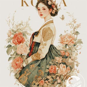 May include: Illustration of a woman in traditional Korean attire, surrounded by flowers. The image features the word "KOREA" at the top. The woman wears a cream-colored top with gold accents and a dark green skirt. Peonies and other flowers frame the figure.