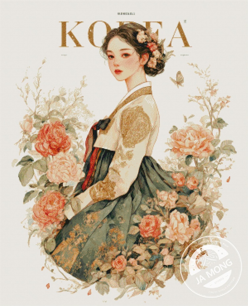 May include: Illustration of a woman in traditional Korean attire, surrounded by flowers. The image features the word "KOREA" at the top. The woman wears a cream-colored top with gold accents and a dark green skirt. Peonies and other flowers frame the figure.