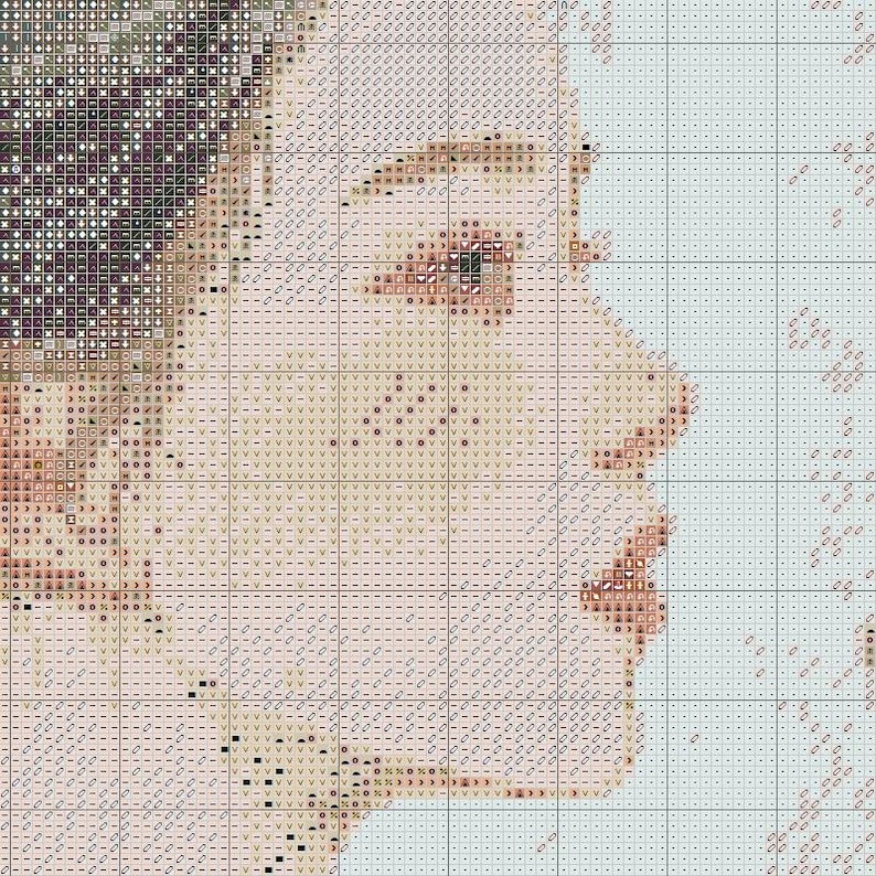 May include: A cross-stitch pattern of a person's face in profile. The design uses a grid of small squares in shades of beige, brown, and purple to create the image. The person's eye, nose, and lips are visible, with the hair on the left side.