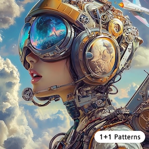 May include: A woman with a futuristic, mechanical helmet and goggles looks up at the sky. The helmet is made of gold and silver metal and has many gears and wires. The goggles are blue and reflect the sky. The woman is wearing a white jumpsuit with a yellow stripe. The background is a cloudy sky with a small airplane flying in the distance. The text "1+1 Patterns" is visible in the lower right corner of the image.