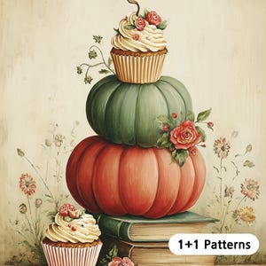 May include: An artistic still life featuring a stack of two pumpkins, one green and one red, topped with a cupcake. A second cupcake sits on a wooden surface in front of the stack. The image includes floral accents and the text "1+1 Patterns".