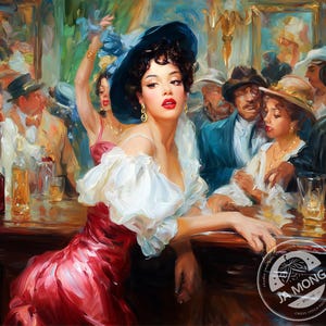 May include: An oil painting depicts a woman in a red dress and a large blue hat at a bar, surrounded by other patrons. The woman leans on the bar, with a white ruffled top. Other people are in the background, some wearing hats. The scene is set in a dimly lit bar.