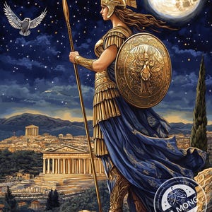 May include: A painting of a woman warrior in golden armor, holding a spear and shield, standing on a hill overlooking a city. The sky is dark blue with stars and a full moon. A white dove flies in the sky.