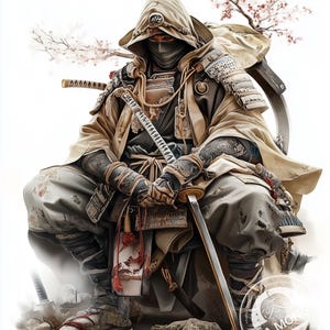 May include: Digital illustration of a samurai warrior in traditional armour, seated with a katana. The warrior wears a hooded cloak and face covering, with cherry blossom branches in the background. The colour palette includes shades of beige, grey, and brown.