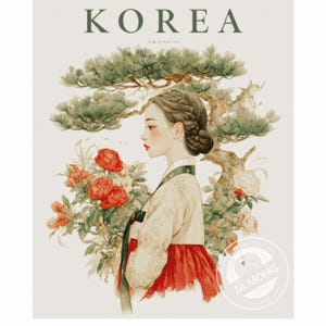 May include: A cross-stitch pattern titled "Korea" featuring a woman in traditional Korean attire, surrounded by flowers and foliage. The design includes the word "KOREA" at the top. The chart number is JMP1142.