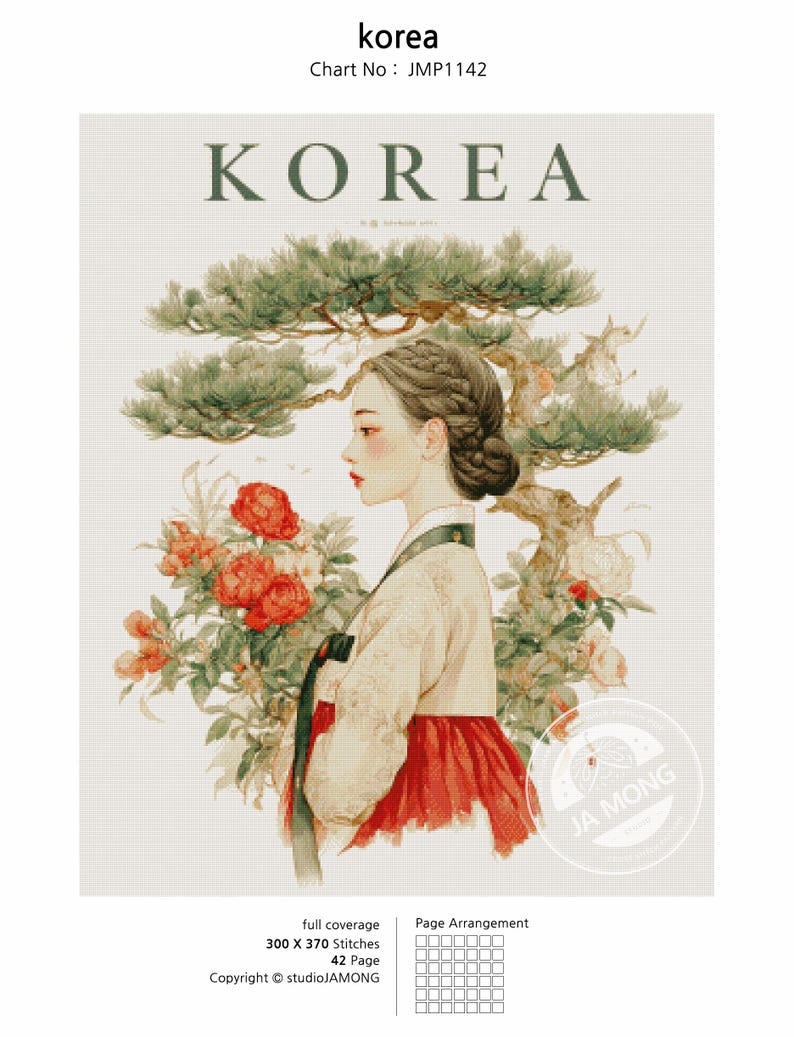 May include: A cross-stitch pattern titled "Korea" featuring a woman in traditional Korean attire, surrounded by flowers and foliage. The design includes the word "KOREA" at the top. The chart number is JMP1142.