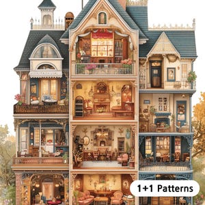 May include: A detailed illustration of a multi-storey house with a cutaway view showing the interior of each floor. Each room is decorated in a different style with furniture, decor, and accessories. The text "1+1 Patterns" is visible in the lower right corner.
