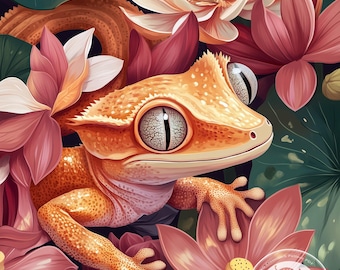Op de afbeelding: Een close-up van een oranje gekko met grote ogen, die op roze lotusbloemen zit. De gekko wordt omringd door groene bladeren en meer roze bloemen. De afbeelding heeft een fantasierijke en kleurrijke uitstraling.