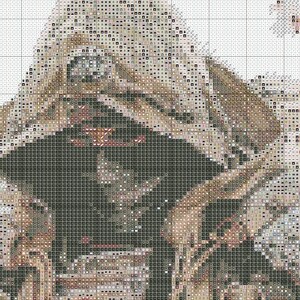 May include: A cross-stitch pattern depicting a dog's face. The design uses shades of brown, black, and white to create a realistic image of the dog's fur and features. The pattern is on a grid.