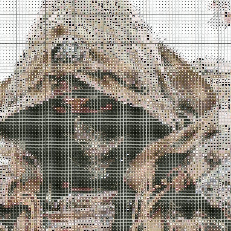 May include: A cross-stitch pattern depicting a dog's face. The design uses shades of brown, black, and white to create a realistic image of the dog's fur and features. The pattern is on a grid.