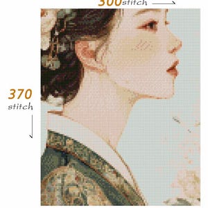 May include: Cross-stitch pattern of a woman in profile, featuring a soft color palette of beige, green, and brown. The design includes the text "300 stitch" and "370 stitch". The woman is wearing a traditional garment with floral details.