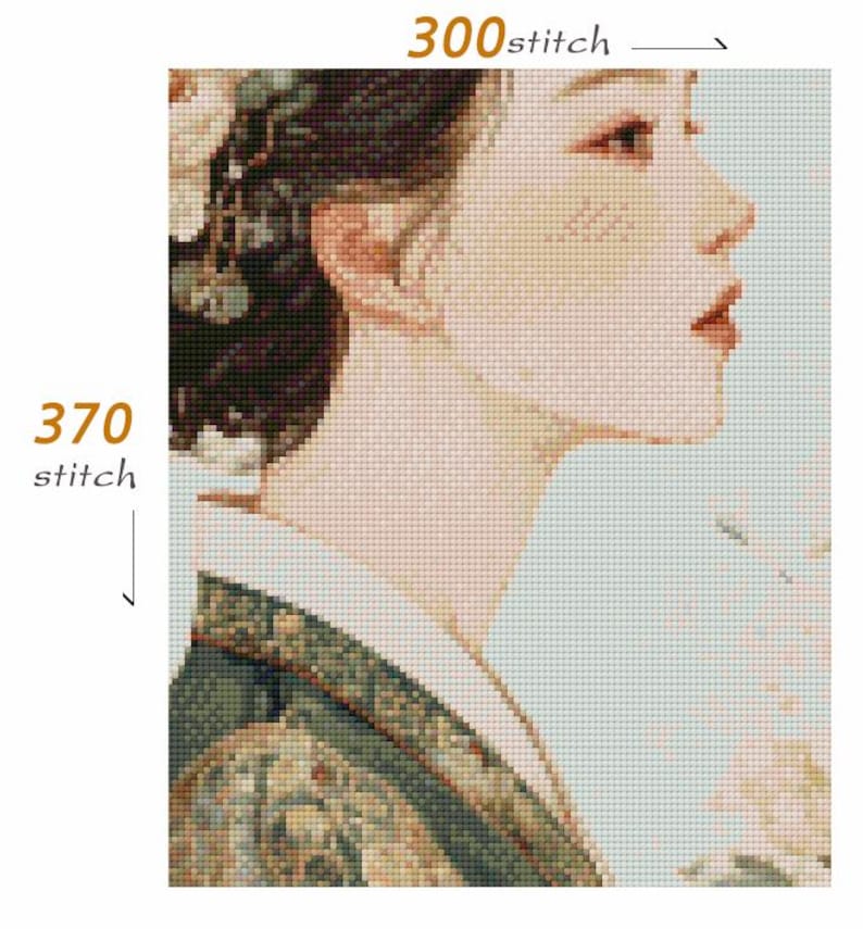 May include: Cross-stitch pattern of a woman in profile, featuring a soft color palette of beige, green, and brown. The design includes the text "300 stitch" and "370 stitch". The woman is wearing a traditional garment with floral details.