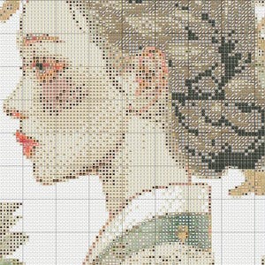 May include: A cross-stitch portrait of a woman in profile, featuring a detailed pixelated design. The color palette includes shades of beige, brown, and touches of pink for the lips and cheeks. The woman's hair is styled with intricate patterns.
