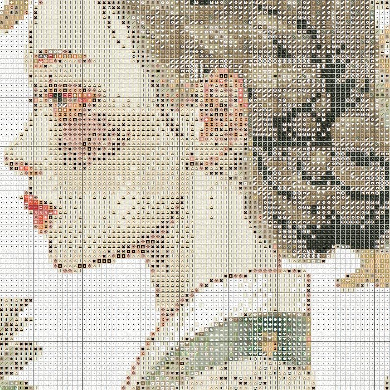 May include: A cross-stitch portrait of a woman in profile, featuring a detailed pixelated design. The color palette includes shades of beige, brown, and touches of pink for the lips and cheeks. The woman's hair is styled with intricate patterns.