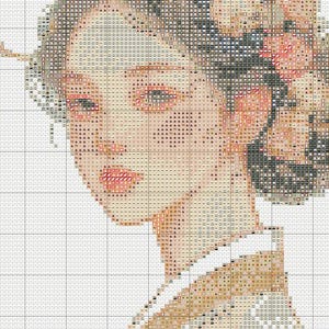 May include: Cross-stitch pattern of a woman's face, rendered in a pixelated style. The color palette includes shades of beige, pink, and brown, creating a soft, watercolor effect. The woman's hair is styled with intricate details, and her lips are a rosy hue.