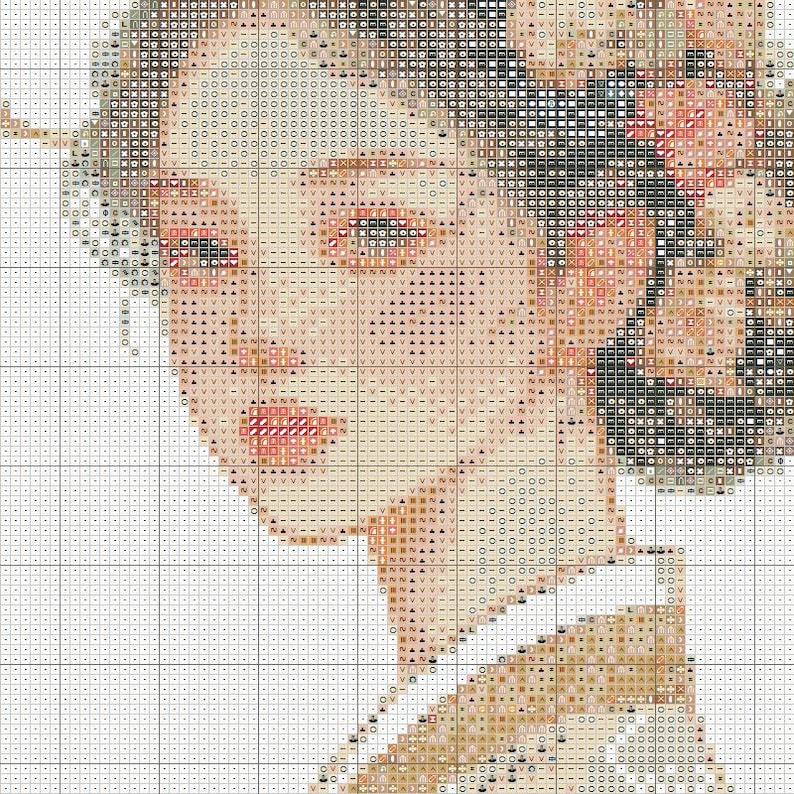 May include: Cross-stitch pattern of a woman's face, rendered in a pixelated style. The color palette includes shades of beige, pink, and brown, creating a soft, watercolor effect. The woman's hair is styled with intricate details, and her lips are a rosy hue.