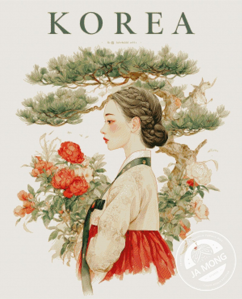 May include: Illustration of a woman in traditional Korean attire, with the word "KOREA" at the top. The woman is surrounded by flowers and a tree. The woman is wearing a red skirt and a cream-colored top.