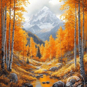 May include: A painting of a mountain range with a stream running through a forest of golden aspen trees. The mountain peaks are covered in snow and the sky is a light blue with white clouds.
